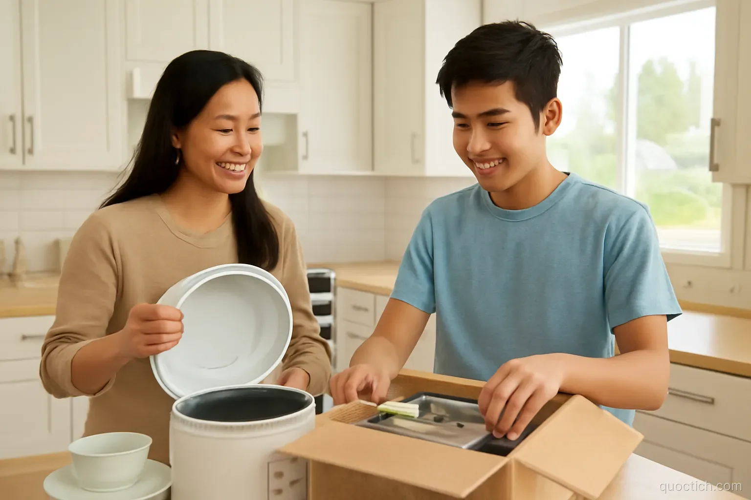 Smiling Vietnamese mother and teenage son unpacking a rice cooker and kitchen items in the sunny open kitchen of their new suburban home in Orange County, medium shot, fresh white and wood tones